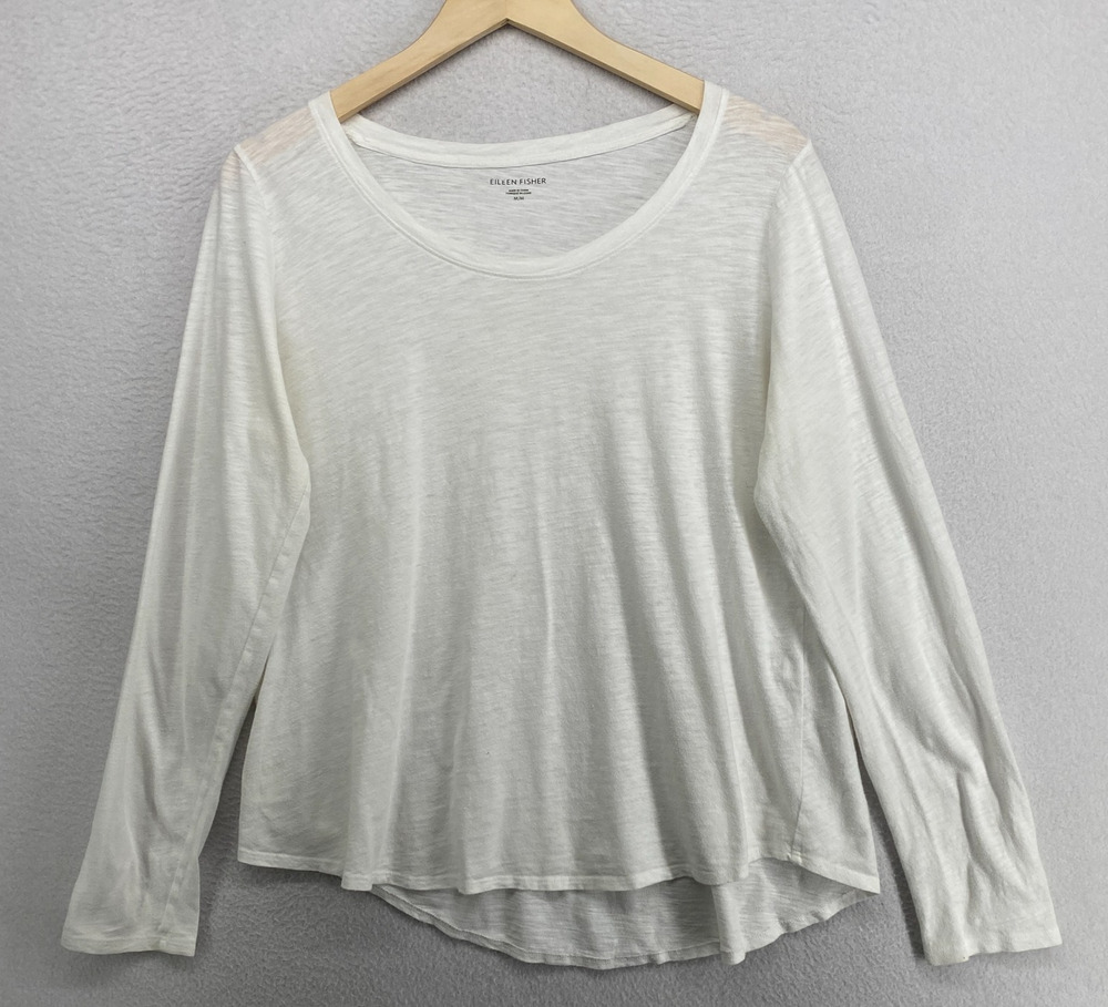 EILEEN FISHER Top M Slub Organic Cotton Jersey Scoop Neck Long Sleeve White